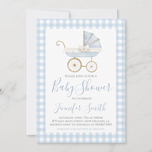 Preppy Southern Blue Boy Carriage Baby Shooter Einladung (Vorderseite)