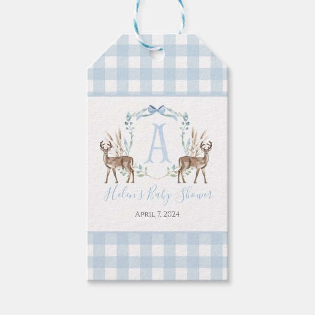 Preppy Southern Blue Boy Deer Baby Dusche Geschenkanhänger (Vorderseite)