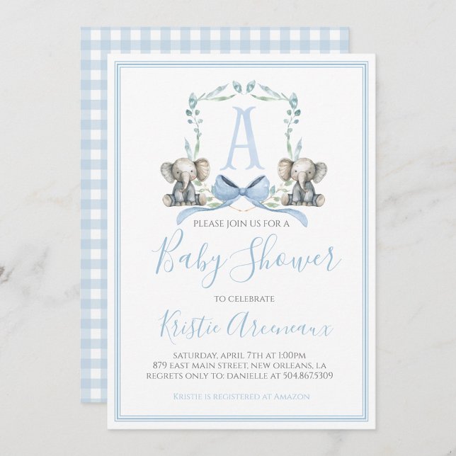 Preppy Southern Blue Boy Elephant Baby Dusche Einladung (Von Creator hochgeladen)