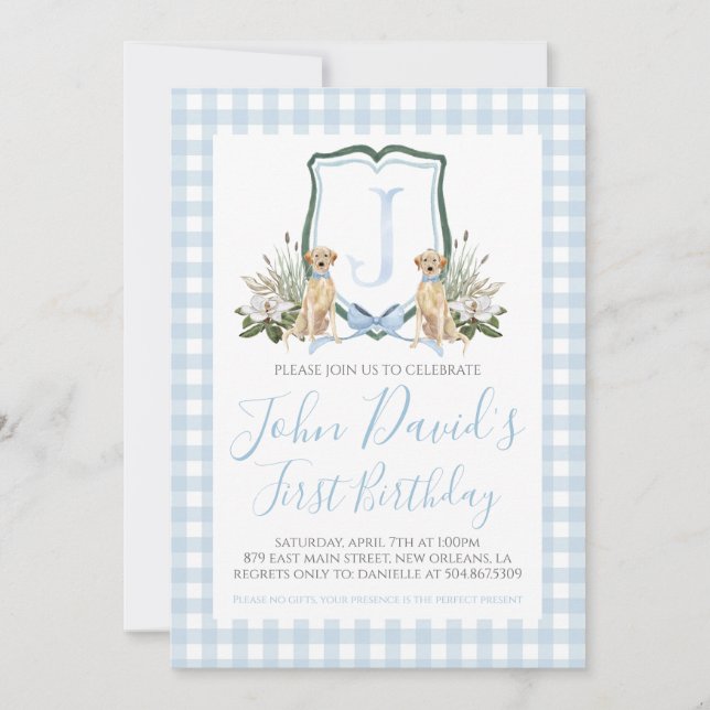 Preppy Southern Blue Boy Hund zum ersten Geburtsta Einladung (Vorderseite)