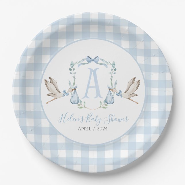 Preppy Southern Blue Boy Stork Baby Dusche Pappteller (Vorderseite)