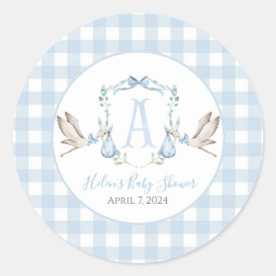 Preppy Southern Blue Boy Stork Baby Dusche Runder Aufkleber