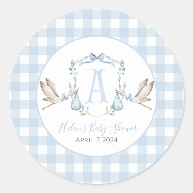 Preppy Southern Blue Boy Stork Baby Dusche Runder Aufkleber (Vorderseite)
