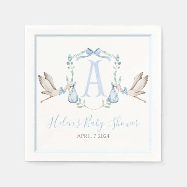 Preppy Southern Blue Boy Stork Baby Dusche Serviette (Vorderseite)