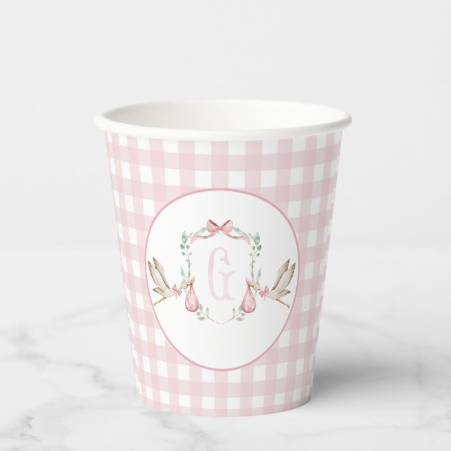 Preppy Southern Pink Girl Stork Baby Dusche Pappbecher (Vorderseite)