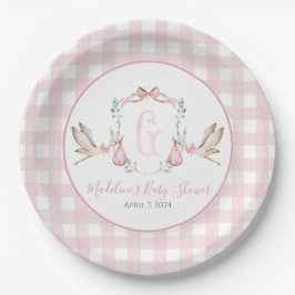 Preppy Southern Pink Girl Stork Baby Dusche Pappteller