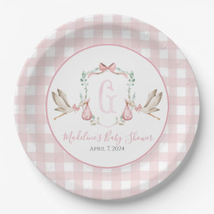Preppy Southern Pink Girl Stork Baby Dusche Pappteller