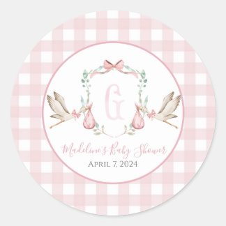 Preppy Southern Pink Girl Stork Baby Dusche Runder Aufkleber