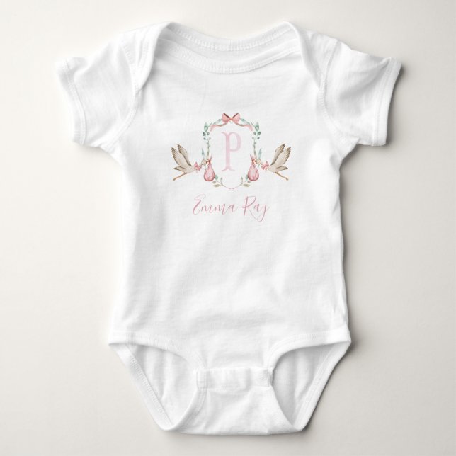 Preppy Southern Pink Stork Girl Babydusche Baby Strampler (Vorderseite)