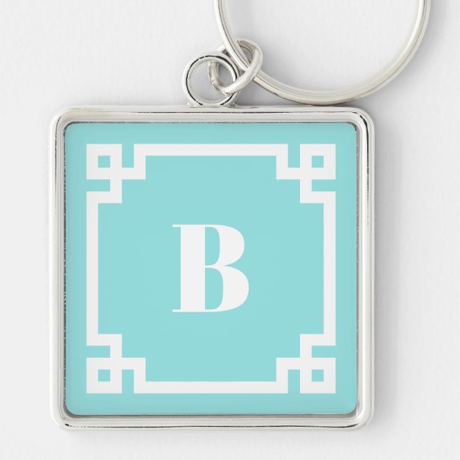 Preppy Square Greek Key Border Aqua Blue Monogram Schlüsselanhänger (Vorne)