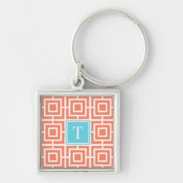 Preppy Square Lattice Monogram - Coral & Turquoise Schlüsselanhänger