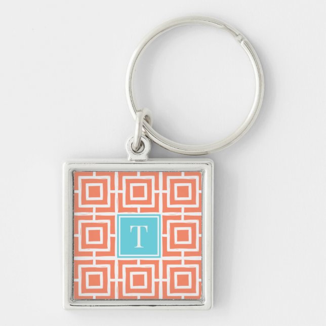Preppy Square Lattice Monogram - Coral & Turquoise Schlüsselanhänger (Vorne)