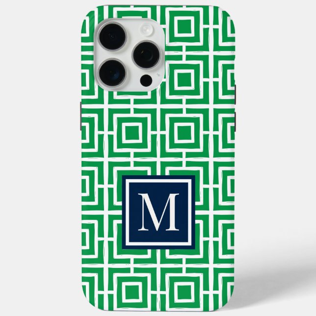 Preppy Square Lattice Monogram – Green & Navy Case-Mate iPhone Hülle (Rückseite)