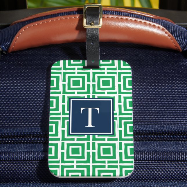 Preppy Square Lattice Monogram - Green & Navy Gepäckanhänger (Vorderseite Insitu 2)