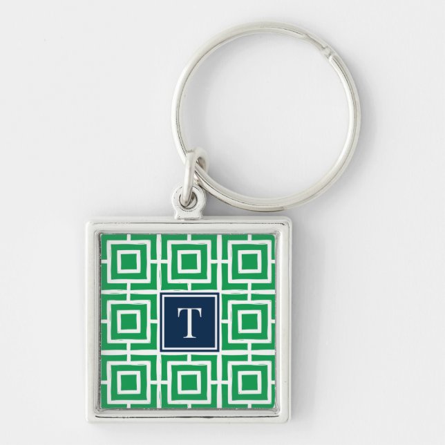 Preppy Square Lattice Monogram - Green & Navy Schlüsselanhänger (Vorne)