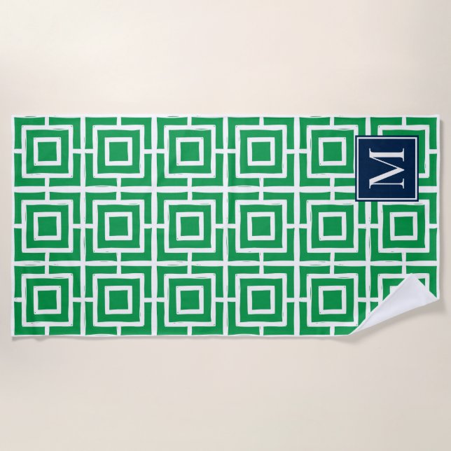 Preppy Square Lattice Monogram – Green & Navy Strandtuch (Vorderseite)