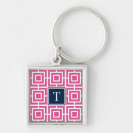Preppy Square Lattice Monogram - Hot Pink & Navy Schlüsselanhänger