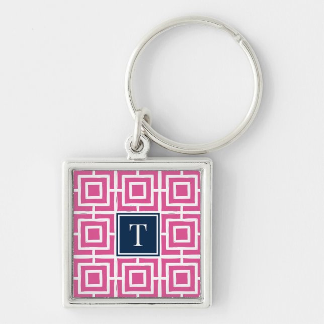 Preppy Square Lattice Monogram - Hot Pink & Navy Schlüsselanhänger (Vorne)