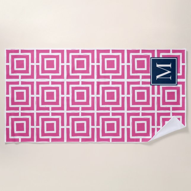 Preppy Square Lattice Monogram – Hot Pink & Navy Strandtuch (Vorderseite)
