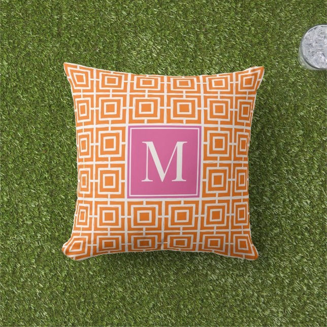 Preppy Square Lattice Monogram Hot Pink & Orange Kissen (Golfball-Marker)
