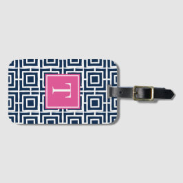 Preppy Square Lattice Monogram – Navy & Hot  Pink Gepäckanhänger