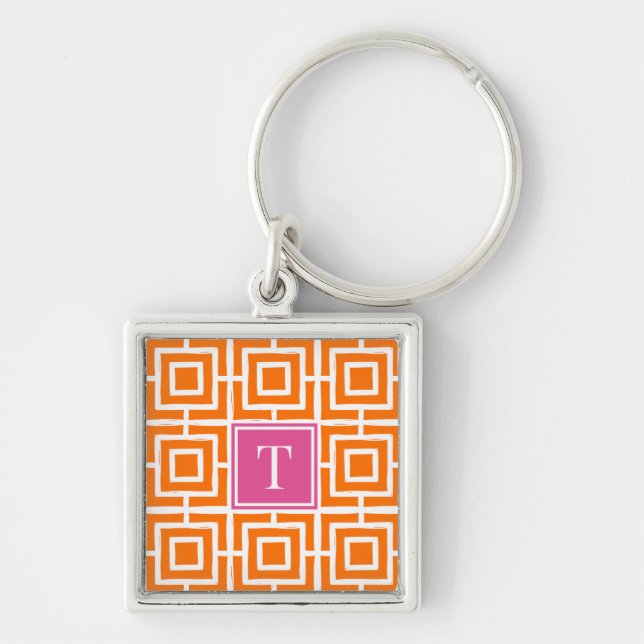 Preppy Square Lattice Monogram  Orange & Hot Pink Schlüsselanhänger (Vorne)