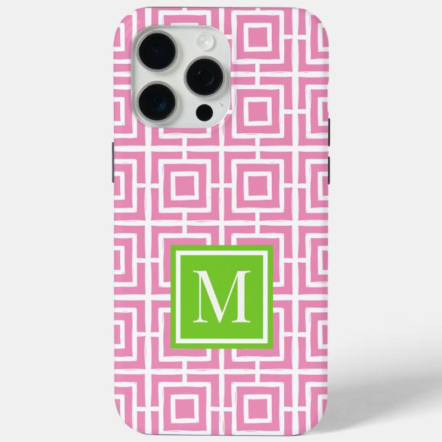Preppy Square Lattice Monogram – Pink & Lime Case-Mate iPhone Hülle (Rückseite)