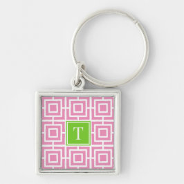 Preppy Square Lattice Monogram  - Pink & Lime Schlüsselanhänger