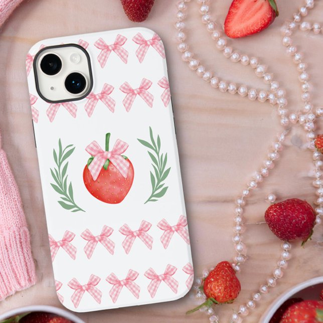 Preppy Strawberry Pink Gingham Bows Laurel Wreath Case-Mate iPhone Hülle (iphone case with pink gingham bows and strawberry logo by Darling and May)