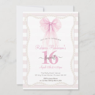 Preppy Streifen Rosa Schleife Perlen Sweet 16 Einladung