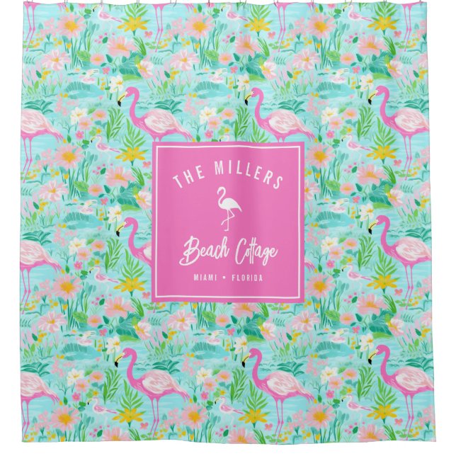 Preppy Summer Flamingo | Beach House Duschvorhang (Vorderseite)