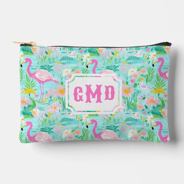 Preppy Summer Flamingo | Monogramm Zubehörtasche (Vorderseite)