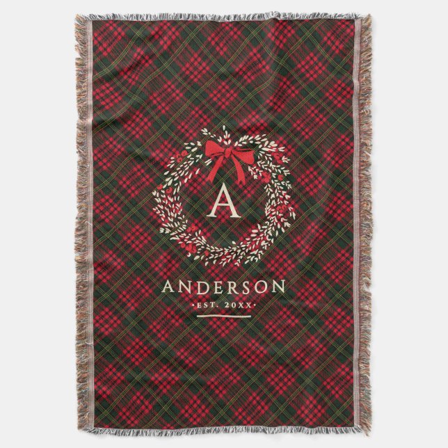 Preppy Tartan Holiday Wreath Monogramm und Name Decke (Vorderseite Vertikal)