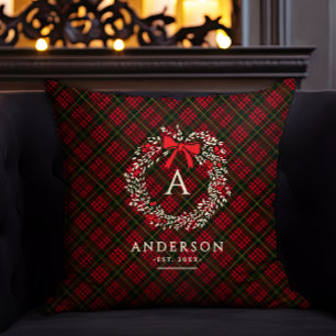 Preppy Tartan Holiday Wreath Monogramm und Name Kissen