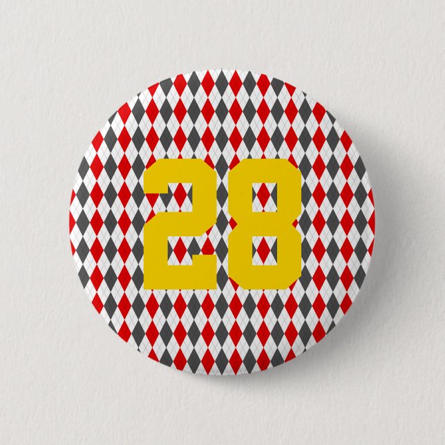 Preppy Team Spirit Rauten Red Black Yellow Number Button (Vorderseite)