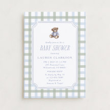 Preppy Teddy Bear Blue and Sage Plaid Baby Shower