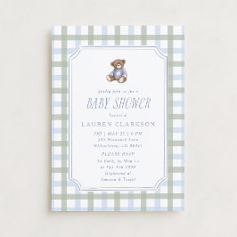 Preppy Teddy Bear Blue and Sage Plaid Baby Shower Einladung