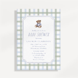 Preppy Teddy Bear Blue and Sage Plaid Baby Shower Einladung
