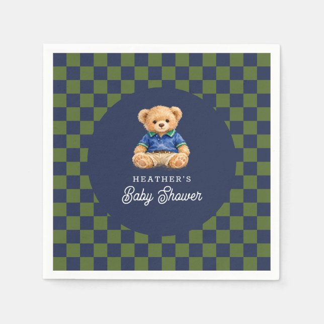 Preppy Teddy Bear Checkboard Baby Shower Serviette (Vorderseite)