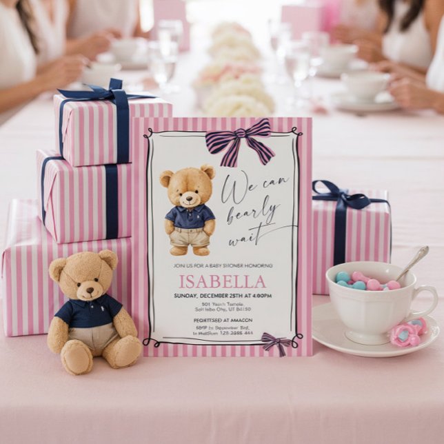 Preppy Teddy Bear Pink Baby Shower  Einladung (Von Creator hochgeladen)