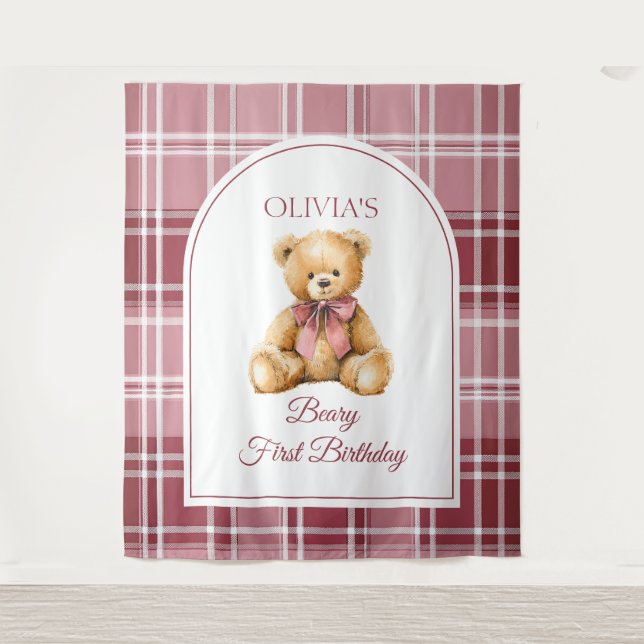 Preppy Teddy Bear Pink Bow Birthday Photo Backdrop Wandteppich (Vorderseite)