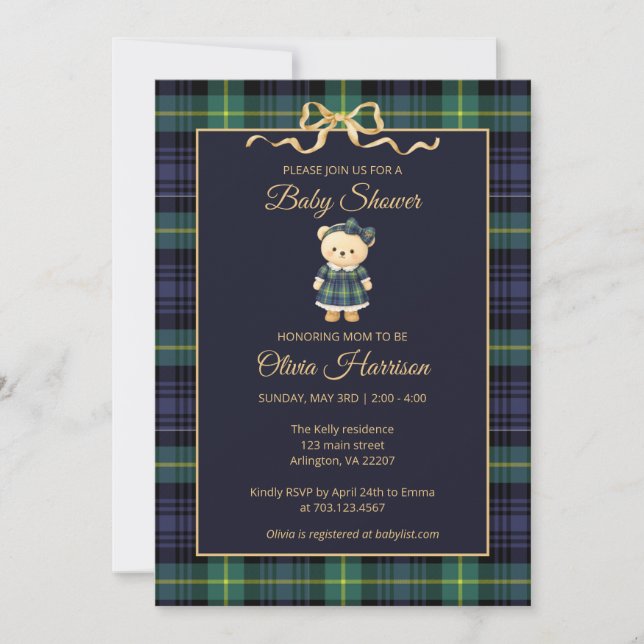Preppy Teddy Bear Plaid Baby Shower Invitation Einladung (Vorderseite)