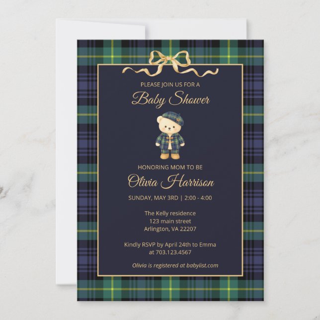 Preppy Teddy Bear Plaid Baby Shower Invitation Einladung (Vorderseite)