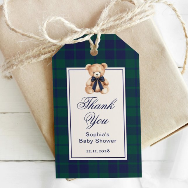Preppy Teddy bear Plaid Baby Shower Thank you Geschenkanhänger (Von Creator hochgeladen)