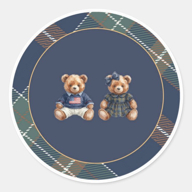 Preppy Teddy Bear Sticker Navy Plaid  (Vorderseite)