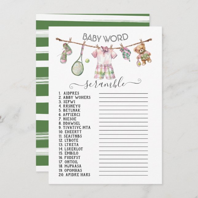 Preppy Tennis Clothesline Baby Word Scramble Einladung (Vorne/Hinten)