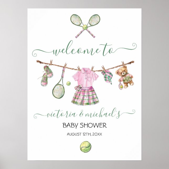 Preppy Tennis Girl Baby Dusche Begrüßungszeichen Poster (Vorne)