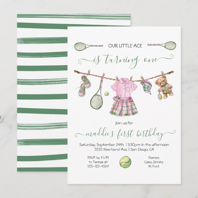 Preppy Tennis Girl zum Geburtstag Einladung (Vorne/Hinten)
