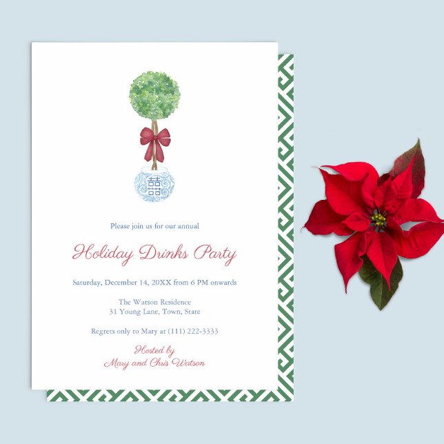 Preppy Topiary Tree Red Green Holiday Drinks Party Einladung (Preppy Boxwood topiary with red bow Holiday Drinks Party Invite. Reverse is green white greek key)