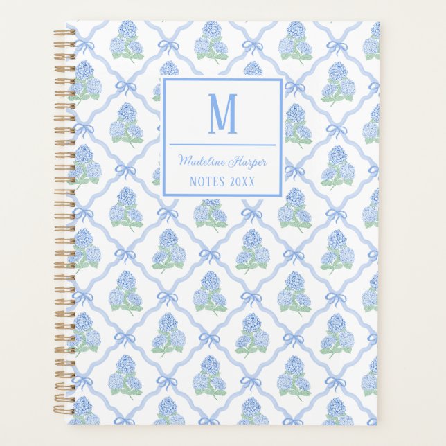 Preppy Trellis Bow Blue & Green Hydrangea Monogram Planer (Vorderseite)